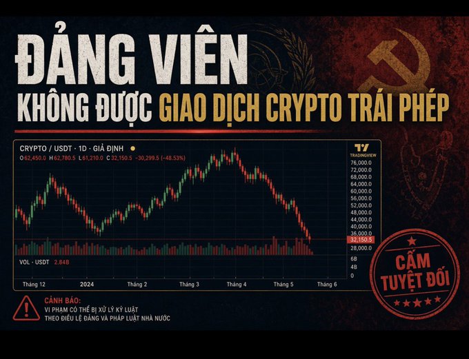 A warning graphic in Vietnamese stating 'ĐẢNG VIÊN KHÔNG ĐƯỢC GIAO DỊCH CRYPTO TRÁI PHÉP' (Party members are not allowed to trade crypto illegally), featuring a declining BTC/USDT price chart and a 'CẤM TUYỆT ĐỐI' (Absolutely Prohibited) stamp.