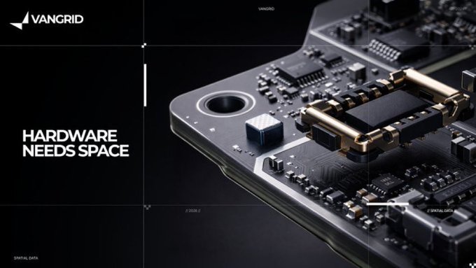 Close-up image of a black circuit board/motherboard with gold components, branded with 'VANGRID' and the slogan 'HARDWARE NEEDS SPACE'.