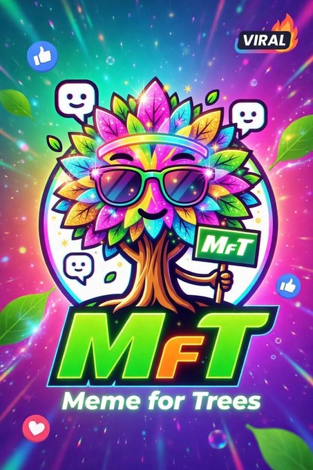 A vibrant, colorful digital illustration features a smiling tree with a rainbow-colored canopy wearing sunglasses and a halo, labeled 'MfT Meme for Trees' with social media icons and a 'VIRAL' badge.