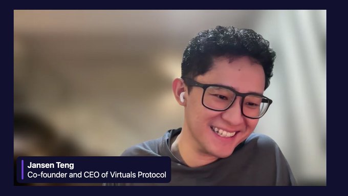 A smiling man with glasses and white earbuds appears in a video call setting. A lower-third graphic identifies him as 'Jansen Teng, Co-founder and CEO of Virtuals Protocol.'