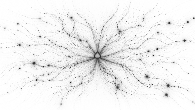An abstract black-and-white graphic resembling a neural network or particle burst, with lines and dots radiating outward from a central point.