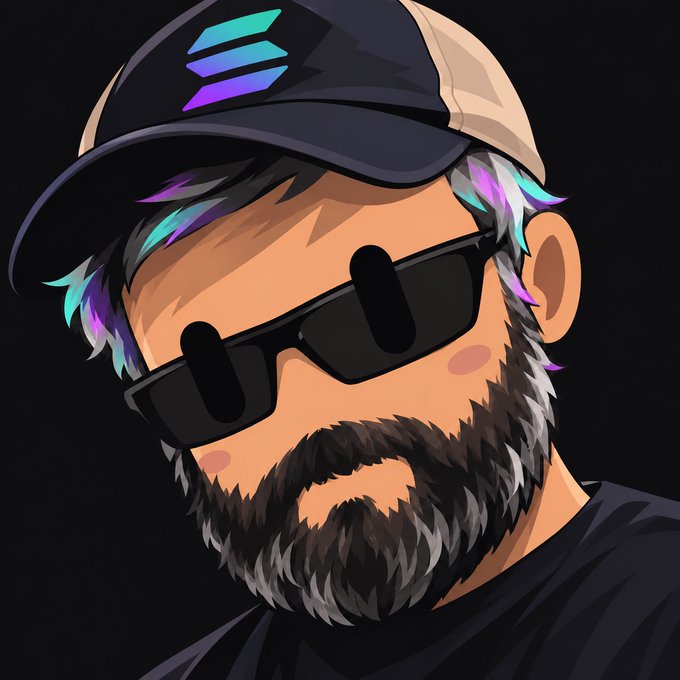 A stylized digital portrait of a bearded man wearing dark sunglasses and a cap featuring the Solana logo (purple and teal gradient), likely representing the @toly community figure in a vibrant, cartoon-style illustration that the poster finds impressive.