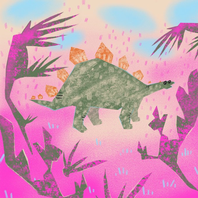 A colorful paper-cut style artwork shows a green stegosaurus walking among pink plants under a light blue and pink sky.