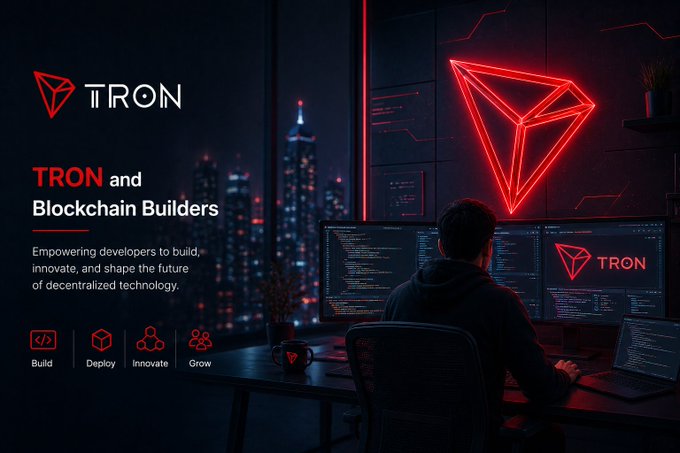 A promotional graphic for "TRON and Blockchain Builders" with the tagline "Empowering developers to build, innovate, and shape the future of decentralized technology," showing a developer working at a multi-monitor setup with the TRON logo.