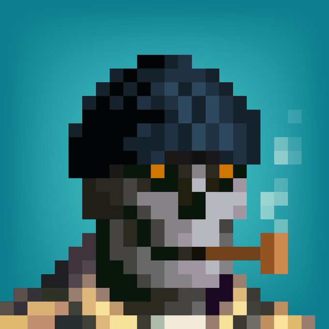 A pixel art image showing a character with dark hair smoking a brown pipe, exhaling blue pixelated smoke against a teal background.