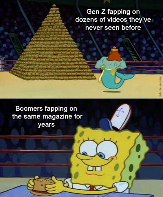 A two-panel meme featuring SpongeBob characters compares Gen Z fapping on a pyramid of videos they've never seen before to Boomers fapping on the same magazine for years.