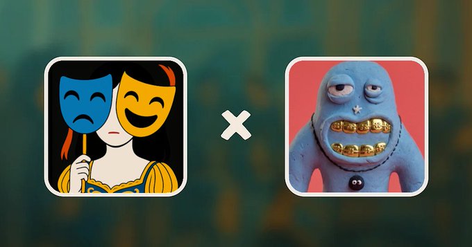 Two app icons separated by an 'X': a comedy/tragedy masks icon on the left and a blue character with gold teeth on a red background on the right.
