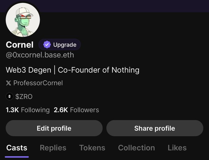 A social media profile for 'Cornel' (@0xcornel.base.eth), described as 'Web3 Degen | Co-Founder of Nothing', with $ZRO token, 1.3K Following, and 2.6K Followers.
