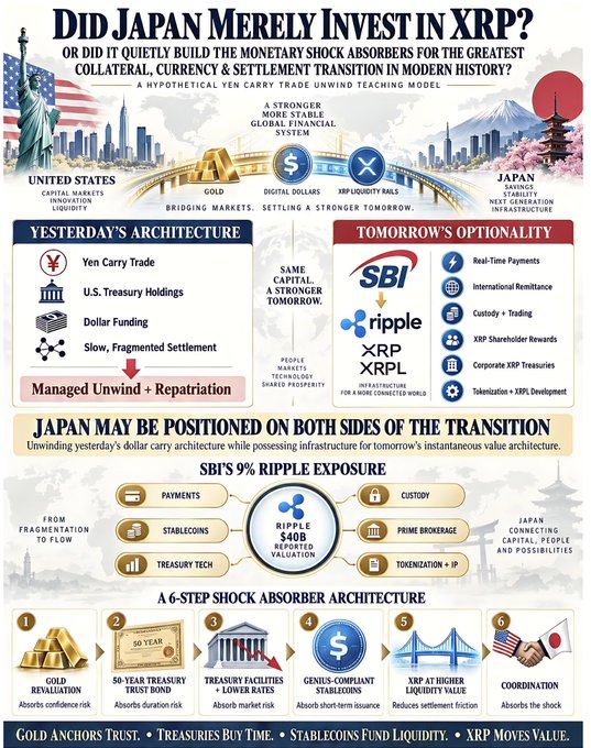 A financial infographic titled "Did Japan Merely Invest in XRP?" contrasting "Yesterday's Architecture" (Yen Carry Trade, U.S. Treasury Holdings, Dollar Funding) with "Tomorrow's Optionality" featuring SBI, Ripple, XRP, and XRPL for real-time payments and tokenization, while highlighting SBI's 9% Ripple exposure and a 6-step shock absorber architecture involving gold, 50-year treasury trust bonds, treasury facilities, GENIUS-compliant stablecoins, and XRP to bridge U.S. and Japan during the yen carry trade unwind.