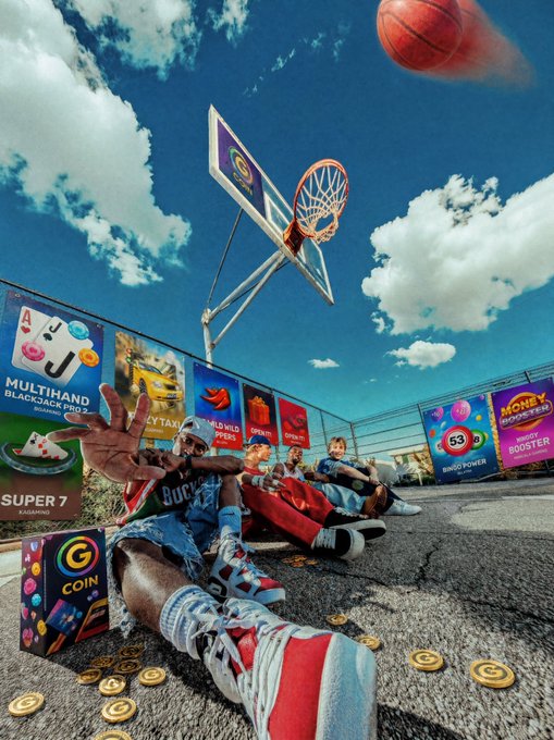 A vibrant promotional collage showing basketball players sitting against a wall covered with app ads like "MULTIHAND BLACKJACK PRO", "SUPER 7", and "MONEY BOOSTER", with a basketball hoop and flying ball overhead, surrounded by gold coins and a "G COIN" card.