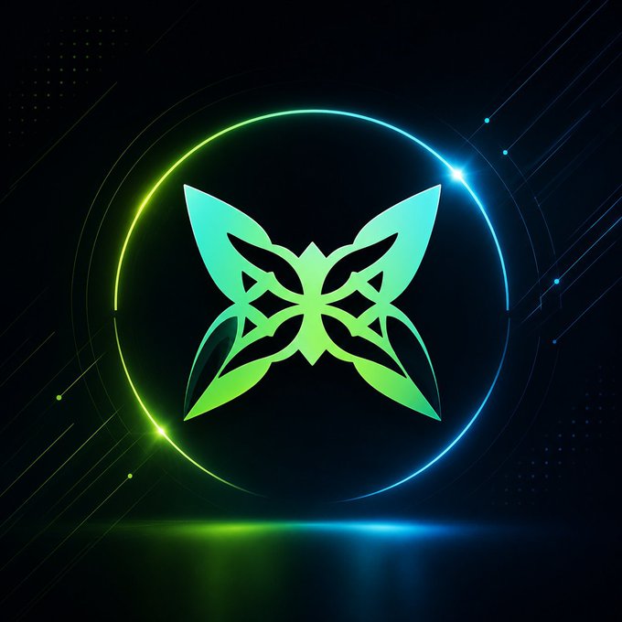 A neon green-to-blue symmetrical butterfly emblem is centered inside a glowing circular ring on a dark futuristic background.