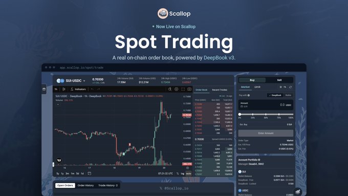 A promotional graphic for 'Scallop Spot Trading,' showing a desktop interface for SUI-USDC trading with the tagline 'A real on-chain order book, powered by DeepBook v3.'