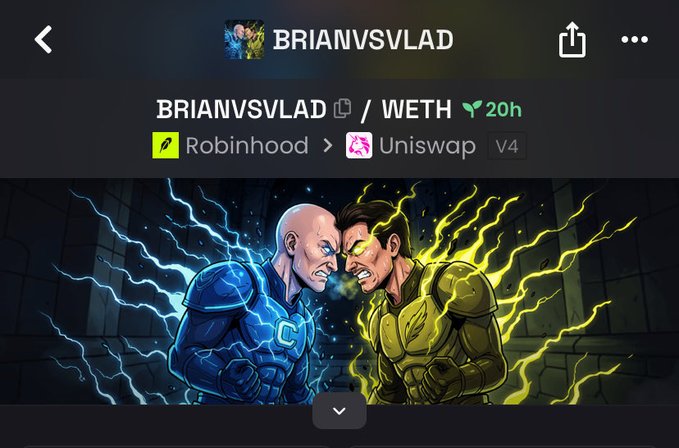 A crypto trading app screen showing the 'BRIANVSVLAD' / WETH token with artwork of two warriors clashing, traded from Robinhood to Uniswap V4.