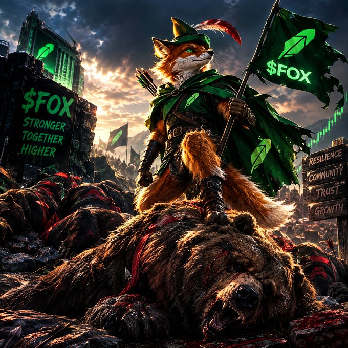 A fantasy-style digital illustration depicts a fox warrior in green attire holding a '$FOX' flag, standing triumphantly atop a defeated bear amidst a battlefield, with signs reading '$FOX STRONGER TOGETHER HIGHER' and 'RESILIENCE COMMUNITY TRUST GROWTH'.