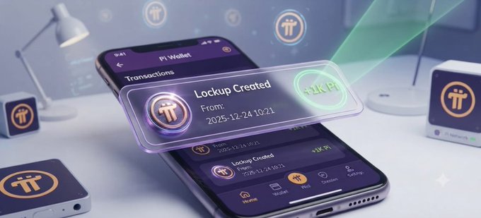 A smartphone displays the Pi Wallet transactions screen with a popup notification reading "Lookup Created, From: 2025-12-24 10:21" alongside a formatted balance showing "1K Pi" instead of the full numerical value, illustrating the wallet's new simplified display for balances above 1,000 Pi.
