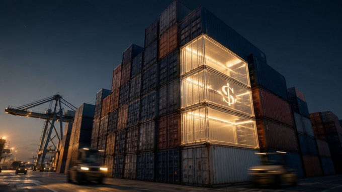 A digital rendering or photo of a stacked shipping container building at dusk, featuring a central illuminated glass section with a large glowing dollar sign ($), with trucks and a crane nearby.