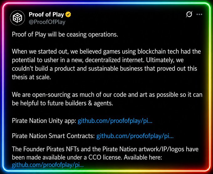 An X post from Proof of Play (@ProofOfPlay) announcing the company is ceasing operations, open-sourcing their code, smart contracts, and Pirate Nation NFT artwork under a CCO license.
