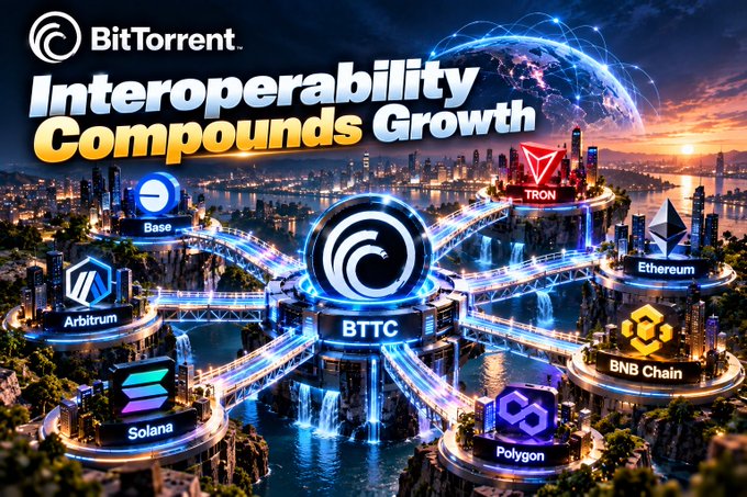 A BitTorrent promotional image with the text 'Interoperability Compounds Growth' showing BTTC at the center connecting to various blockchain networks including Base, TRON, Arbitrum, Solana, Polygon, BNB Chain, and Ethereum.
