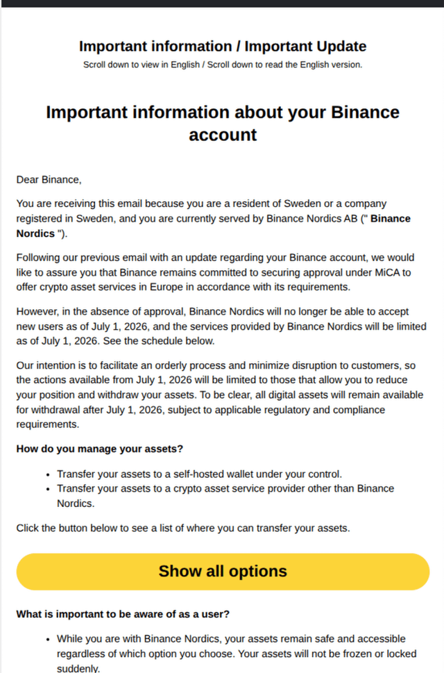 An official Binance email notifying Swedish users that Binance Nordics AB will stop accepting new users from July 1, 2026 due to lack of MiCA approval, with a yellow 'Show all options' button to transfer assets.