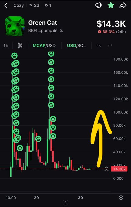 Cryptocurrency chart showing a token named "Green Cat" (ticker BBF...pump) on Raydium, currently priced at $14.3K with a 68.3% drop in 24 hours, displayed on the MCAP/USD chart with a large yellow arrow pointing upward drawn on it.