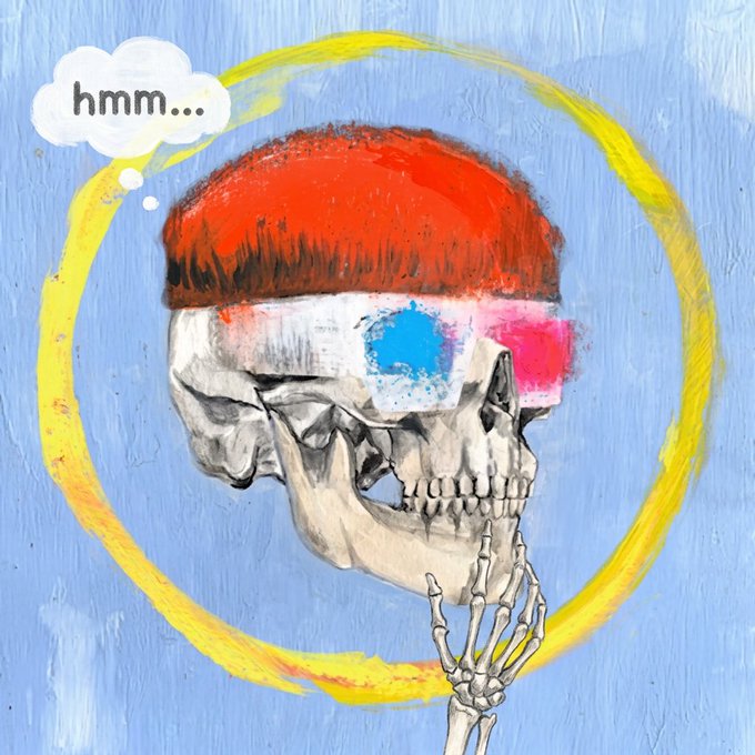 A painted artwork of a skull with a red brain exposed on top, wearing 3D glasses, enclosed in a yellow painted circle, with a thought bubble reading "hmm..." and a skeletal hand touching its jaw.