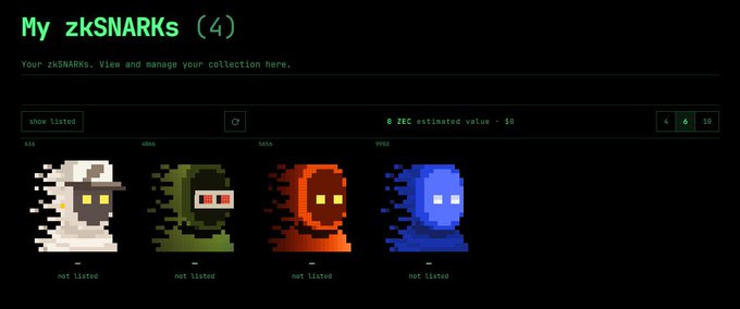 A webpage titled 'My zkSNARKs (4)' displaying a collection of four pixel art ghosts in white, green, red, and blue, each with '0 ZEC estimated value' and 'not listed'.