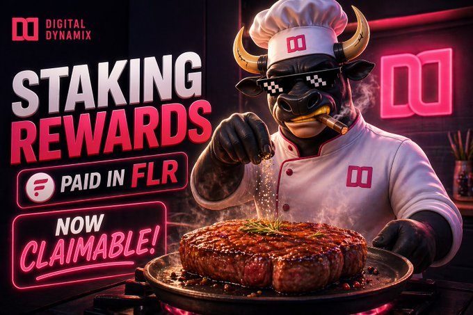 A promotional graphic for 'DIGITAL DYNAMIX' featuring an animated bull wearing a chef's hat and pixel sunglasses, advertising 'STAKING REWARDS PAID IN FLR NOW CLAIMABLE!' next to a steak.