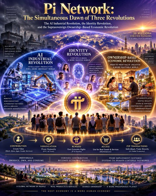 An infographic titled “Pi Network: The Simultaneous Dawn of Three Revolutions” presents the AI Industrial Revolution, Identity Revolution, and Ownership-Based Economic Revolution as linked forces. It highlights “20 MILLION+ VERIFIED PEOPLE,” a “$275 GLOBAL GDP ESTIMATE,” and the Pi Network flow: contribution, verification, reward, access, and PiP transactions.