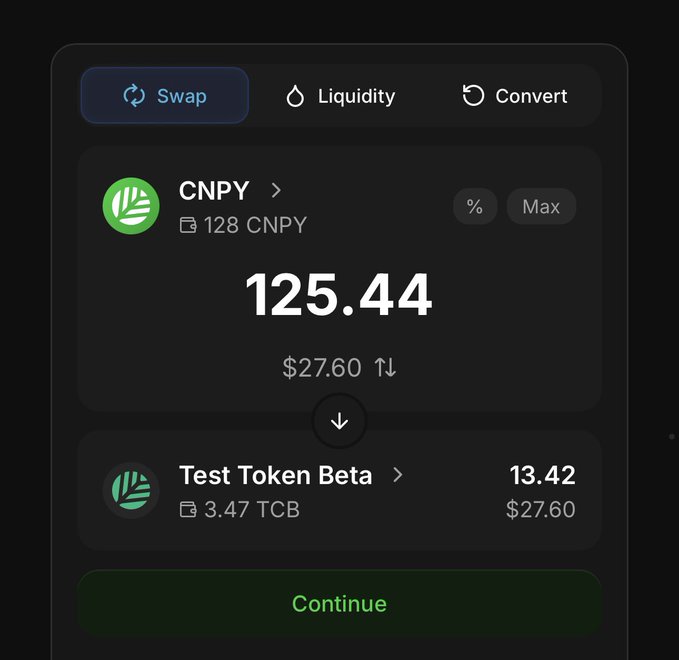 A cryptocurrency swap interface showing 128 CNPY (worth 125.44, $27.60) being swapped for 13.42 Test Token Beta (3.47 TCB, $27.60), with a green Continue button at the bottom.