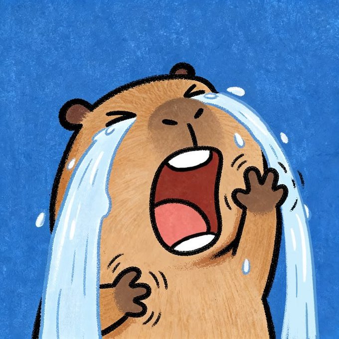 A cartoon bear (resembling the We Bare Bears character Grizz) cries dramatic tears of joy against a textured blue background, visually emphasizing the post's message of emotional relief as @CNPYNetwork validators unify fragmented restaking across multiple chains.
