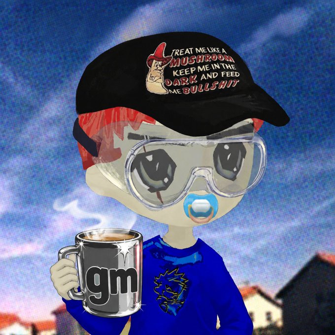 urn of coffee with a black mug and "Gm" logo, accompanied by a cartoon character wearing glasses and a red hat.