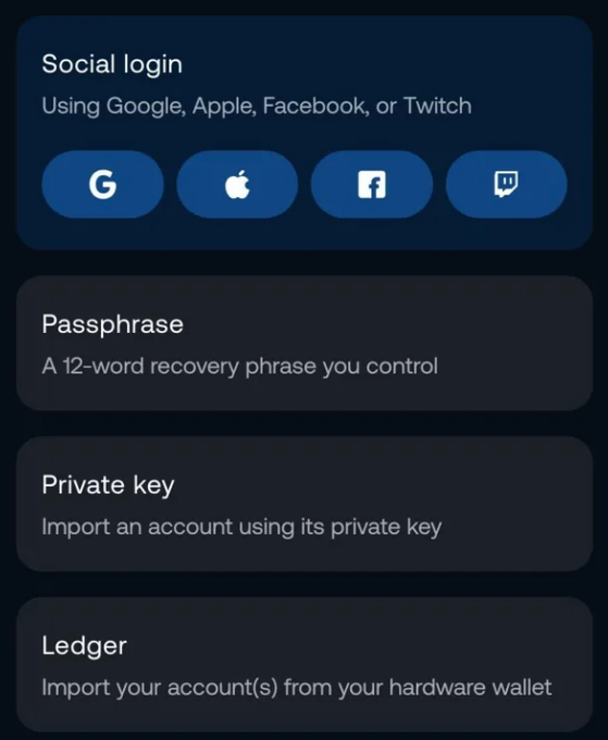 A dark-themed digital interface displays login options including Social login (Google, Apple, Facebook, Twitch), Passphrase, Private key, and Ledger.