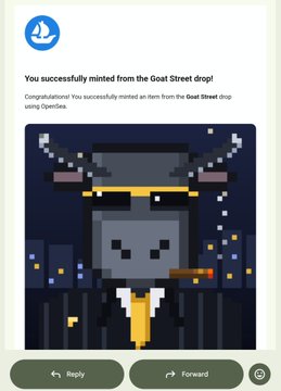 A notification from OpenSea states 'You successfully minted from the Goat Street drop!' featuring a pixel-art NFT of a goat in a suit smoking a cigar.