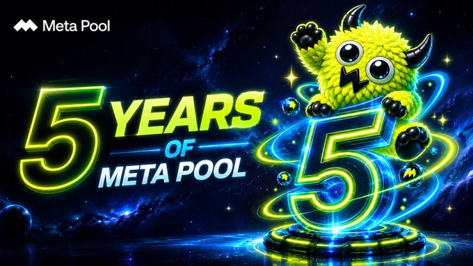 A promotional graphic celebrating '5 YEARS OF META POOL,' featuring a yellow horned monster mascot and a glowing neon number 5 against a cosmic background.