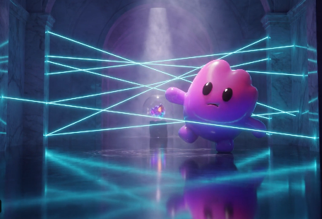 A pink Kirby-like character is seen running through a room filled with crisscrossing blue laser beams, with a small glowing figure in the background. The image evokes the idea of "earning your spot" through challenging obstacles, mirroring the post's mention of VOICY's NFT pass system requiring users to complete tasks and climb the leaderboard to qualify.