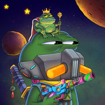The image features a cartoon frog wearing a helmet with a gun attached to its head, holding a gun in one hand while wearing a gas mask or face shield in the other. The background of the image shows planets and stars, suggesting that this scene takes place in outer space. The caption reads " Nearly 24h running scripts, fixing edge cases and watching the generator spit out combos for @PepeExplorers This thing is huge By far the most complex collection i’ve ever coded, +900 accessories".