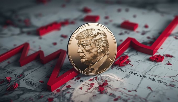 A 3D-rendered gold coin bearing Donald Trump's profile resting on a chart with a sharply dropping red line and shattered red fragments, symbolizing a market crash.