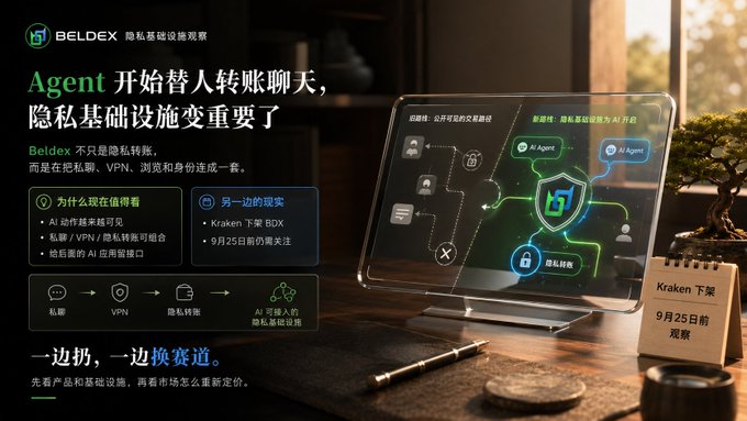 Chinese-language promotional graphic for Beldex (隐私基础设施观察) discussing AI agents replacing transfers and chats, with a desktop monitor graphic and a calendar noting '9月25日前' (Before September 25).