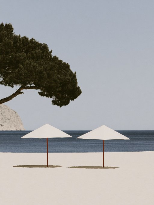 Two white umbrellas stand on a minimalist sandy beach next to a calm blue sea, with a large tree extending from the left side.