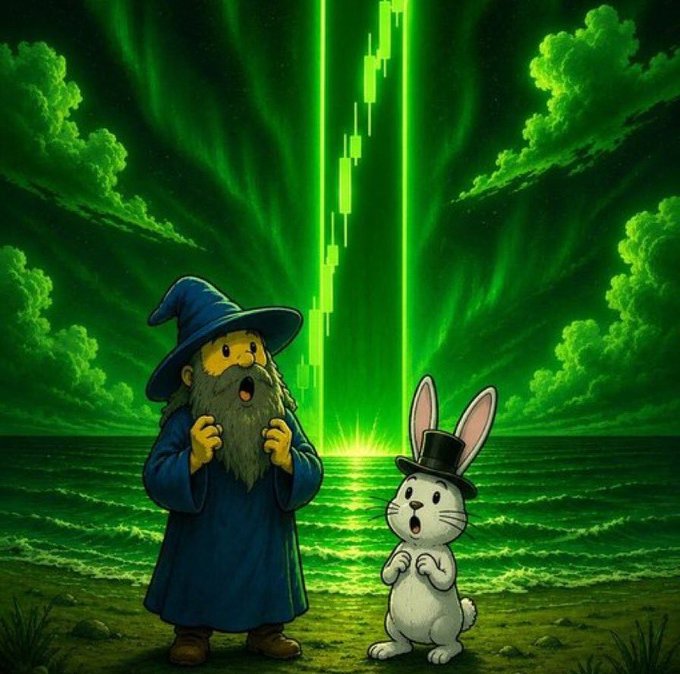 The image features a cartoon character, possibly a wizard or a gnome, standing next to a rabbit with a top hat. The scene takes place outdoors, near the ocean, under a green sky filled with stars. The characters are positioned close together, creating an interesting and whimsical atmosphere.