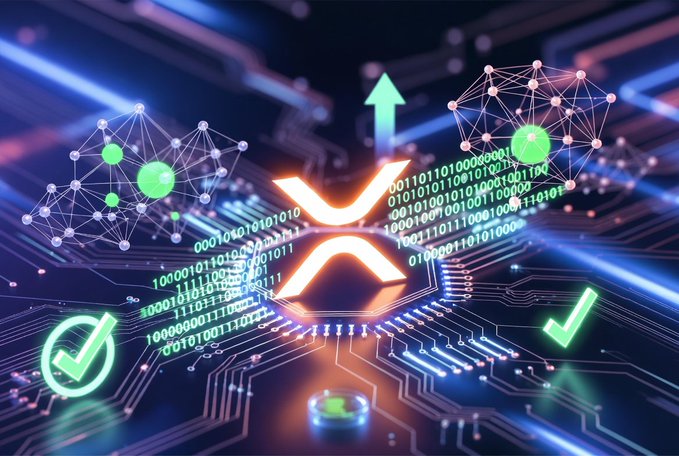 A digital graphic showing a glowing XRP logo on a circuit board background, surrounded by neural network patterns, checkmarks, and arrows.