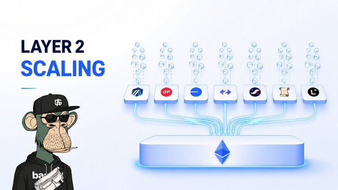 The image displays a "LAYER 2 SCALING" graphic featuring a cartoon Bored Ape-style character alongside various project icons connected to an Ethereum blockchain base, illustrating the solution to Ethereum's scalability challenges mentioned in the post. The diagram visually represents how Layer 2 networks help alleviate the congestion, high gas fees, and slow confirmations problems on Ethereum by processing transactions off the main chain.