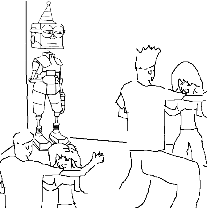 A black-and-white line drawing depicting a tall robot with a party hat standing in the corner of a room while four people dance energetically in the foreground. The image humorously illustrates the lonely observer at a party, fitting the lighthearted theme of the Meme Monday winners announcement.