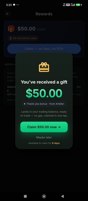 A mobile app screen displaying a "Rewards" notification popup stating "You've received a gift $50.00" as a "Thank you bonus" from "Arbiter," with a green button to claim the funds.