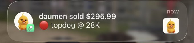 The image shows a PumpFun app notification indicating "daumen sold $295.99" of "topdog @ 28K," with the buyer/seller profile "daumen" displayed alongside a chick emoji avatar. This relates to the post by illustrating the exact type of rapid-fire, low-value memecoin trading on PumpFun that the author is criticizing as mindless and unproductive behavior.