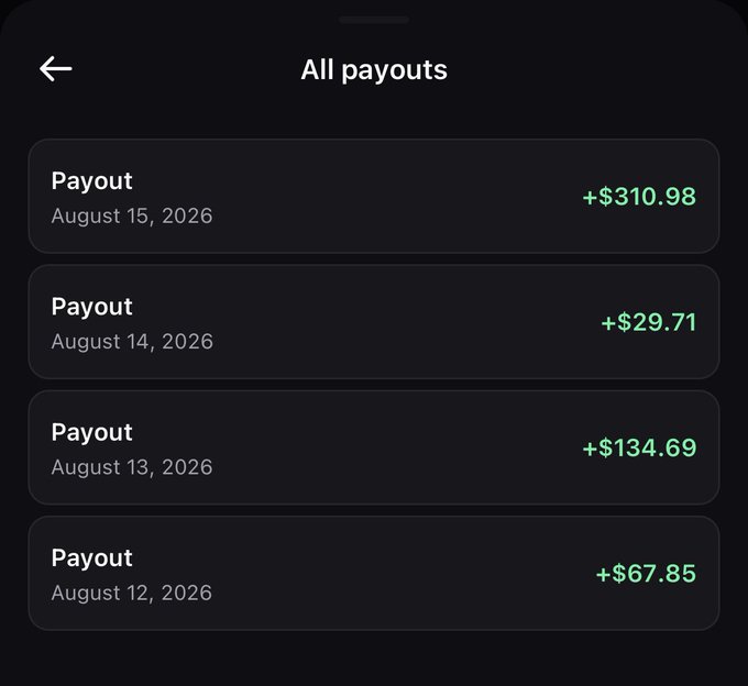 A mobile app screen titled "All payouts" displays four recent earnings entries: +$310.98 (August 15, 2026), +$29.71 (August 14, 2026), +$134.69 (August 13, 2026), and +$67.85 (August 12, 2026), all shown in green text. The image supports the poster's claim of making $300 in callout payouts on the pump app, with the top entry of $310.98 directly matching their mentioned earnings.