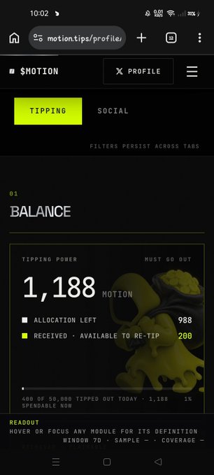 Mobile screenshot of motion.tips profile showing a TIPPING balance of 1,188 Motion with 988 allocation left and 200 received/available to re-tip.