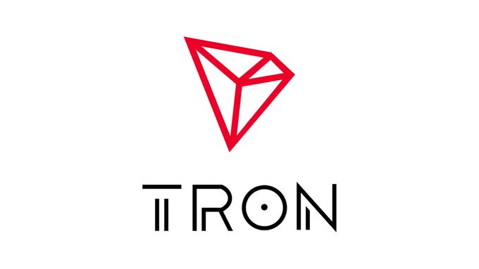 The TRON cryptocurrency logo featuring a red geometric pyramid/diamond symbol on a white background with black text below.