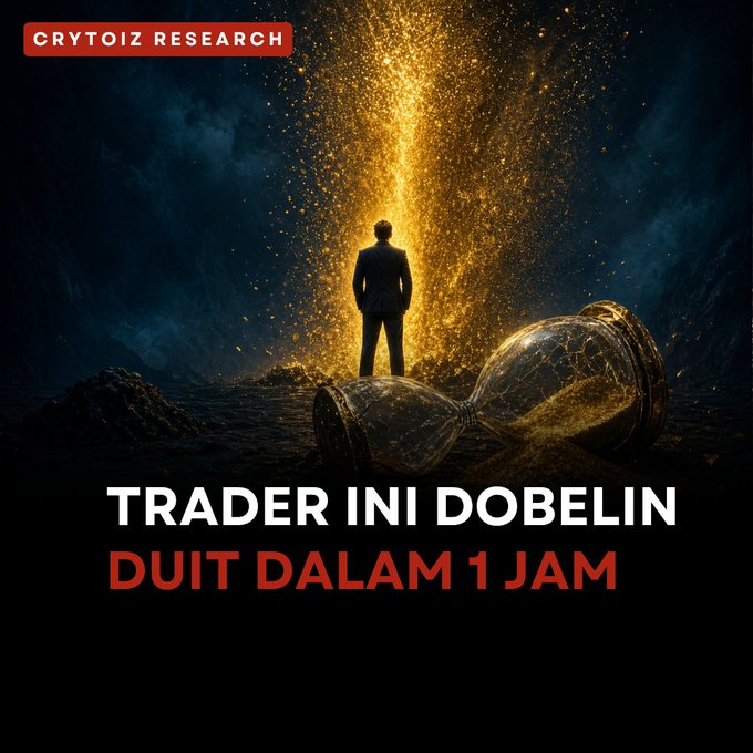 A dramatic thumbnail from 'CRYTOIZ RESEARCH' showing a silhouetted figure standing before a glowing golden hourglass, with the Indonesian text 'TRADER INI DOBELIN DUIT DALAM 1 JAM' meaning 'This trader doubles money in 1 hour.'