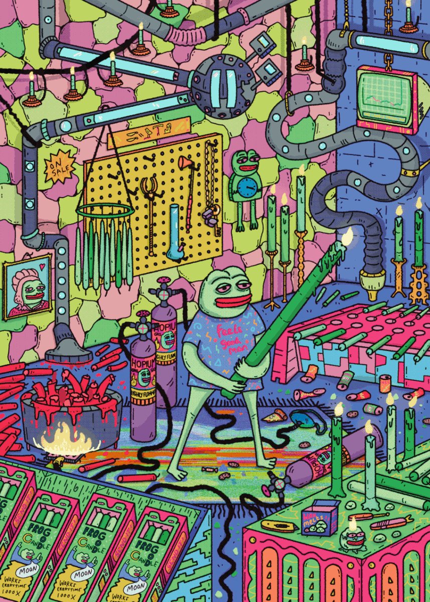 The image features a cartoon frog holding a green candle with its mouth open wide. The background of the image shows various objects, including a large machine that appears to be a factory or workshop setting. The caption for the image reads "Frog, I mean God candle... soon. Pepe: God Candle Maker for tezpepe season one". This suggests that the frog is likely a character from a comic strip or cartoon series and is in the process of creating candles using his powers.
